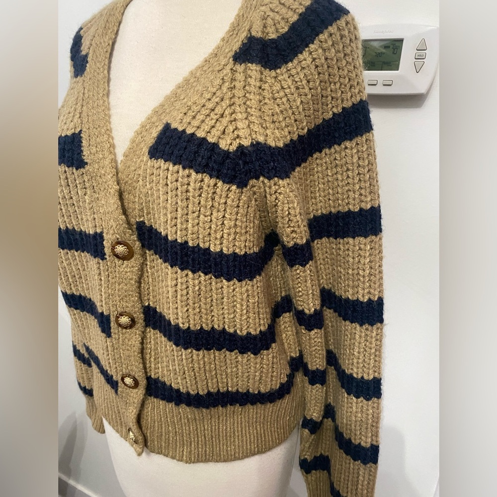 LUSH Striped Tan and Dark Blue Women's Cardigan Sweater- Size L- NEW